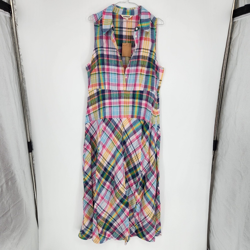 Boden 12R Multi Madras Erma Drop Waist Linen Dress NWT